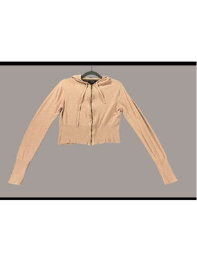 Love & Whimsy Pink Knit Cropped Hoodie Sweater L Large Viscose Nylon STICKY ZIP